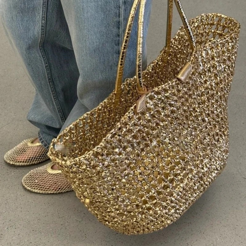 Metallic Woven Tote Bag Women  - Luxury Bags Gold ulasan dan harga