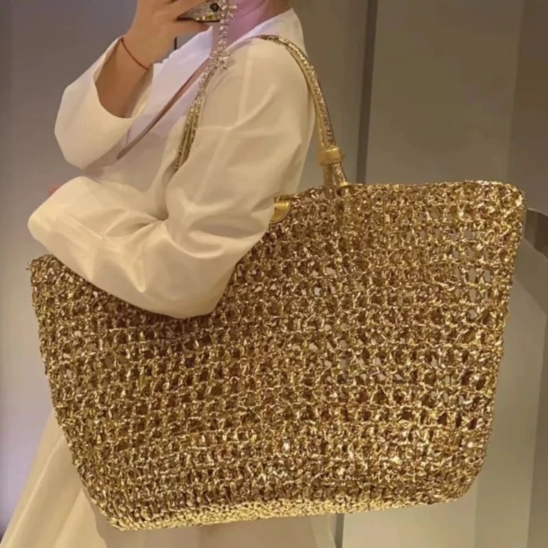 Metallic Woven Tote Bag Women  - Luxury Bags Gold ulasan dan harga