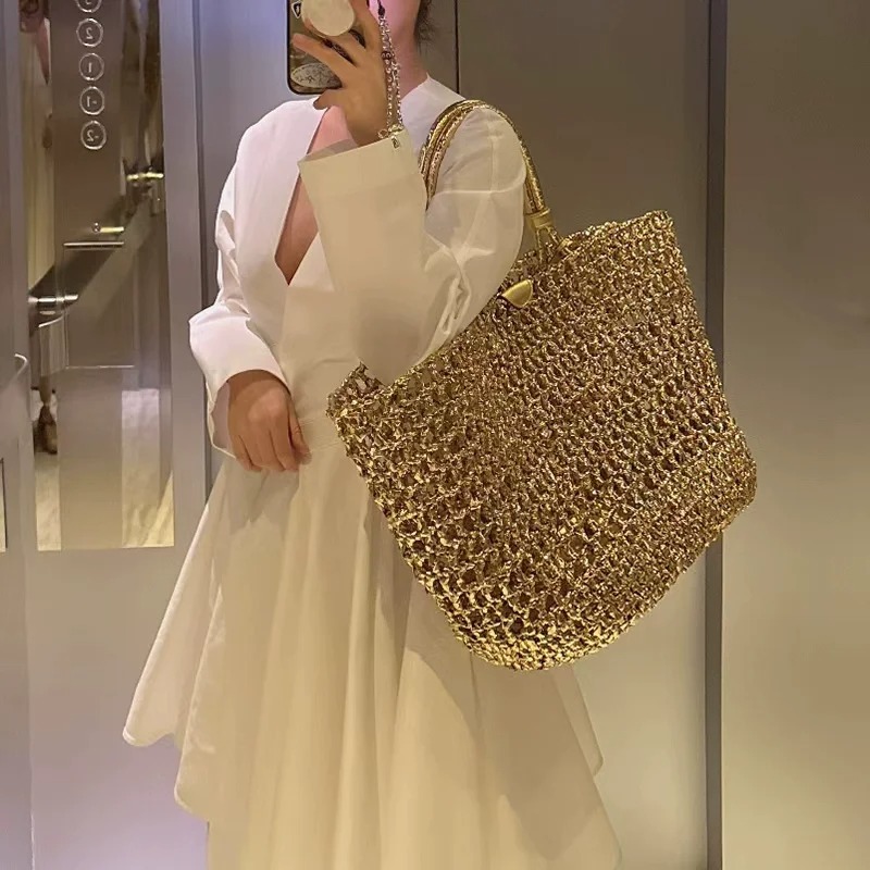 Metallic Woven Tote Bag Women  - Luxury Bags Gold ulasan dan harga